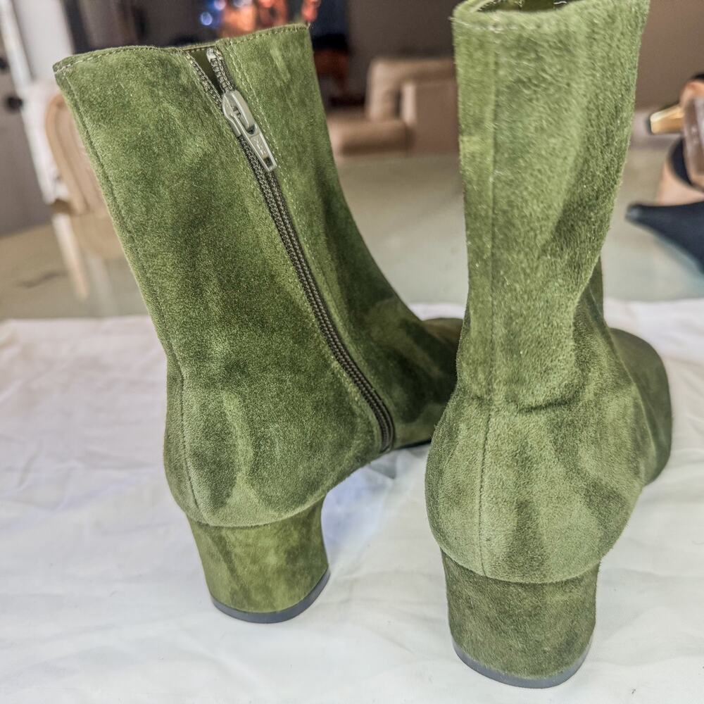Vtg A.J. Valenci Olive Green Velvet Square Toe Block Heel Mid Calf Boots Sz 6 - Picture 5 of 7